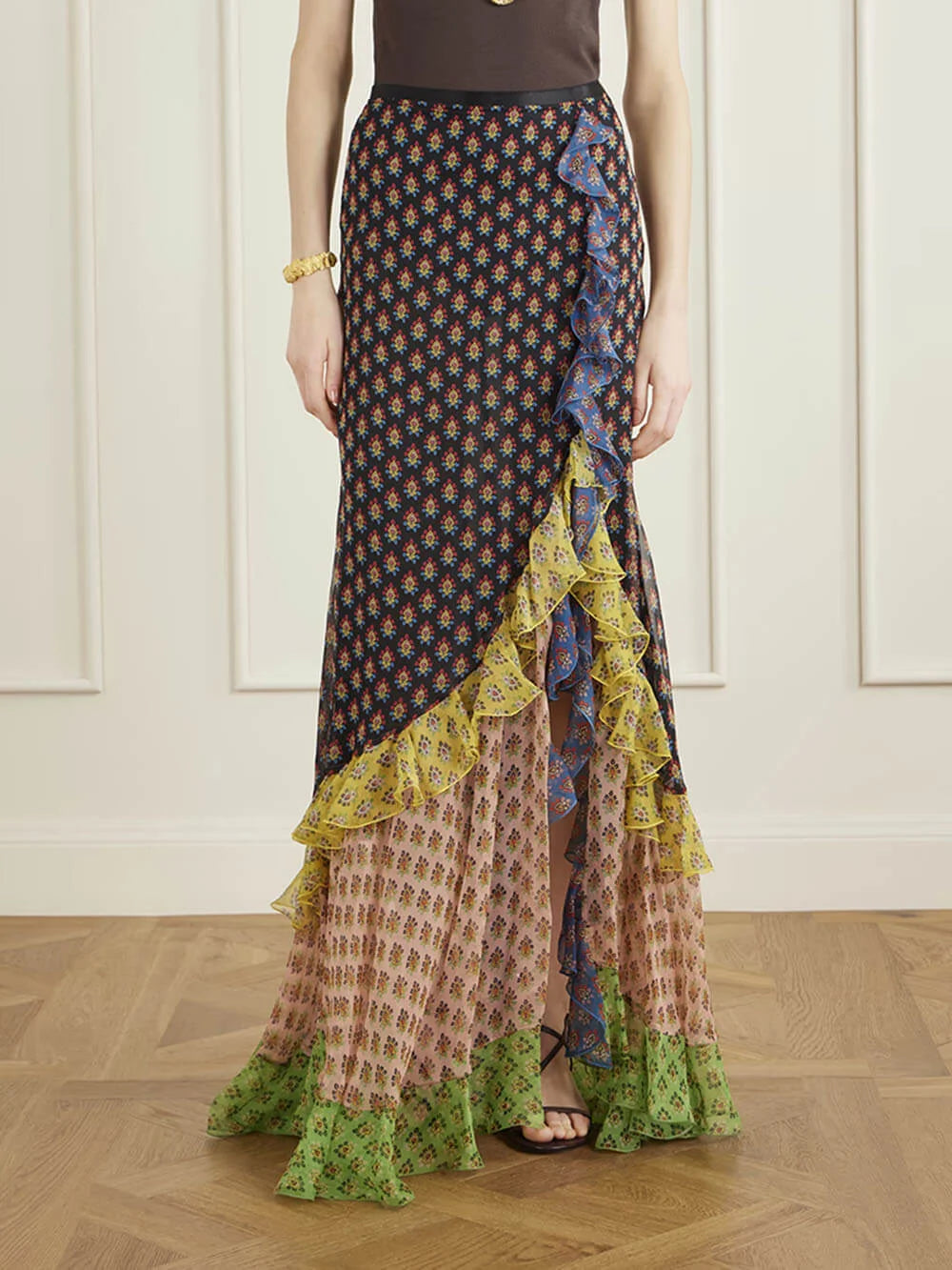 Boho spódnica maxi z szyfonu z nadrukiem